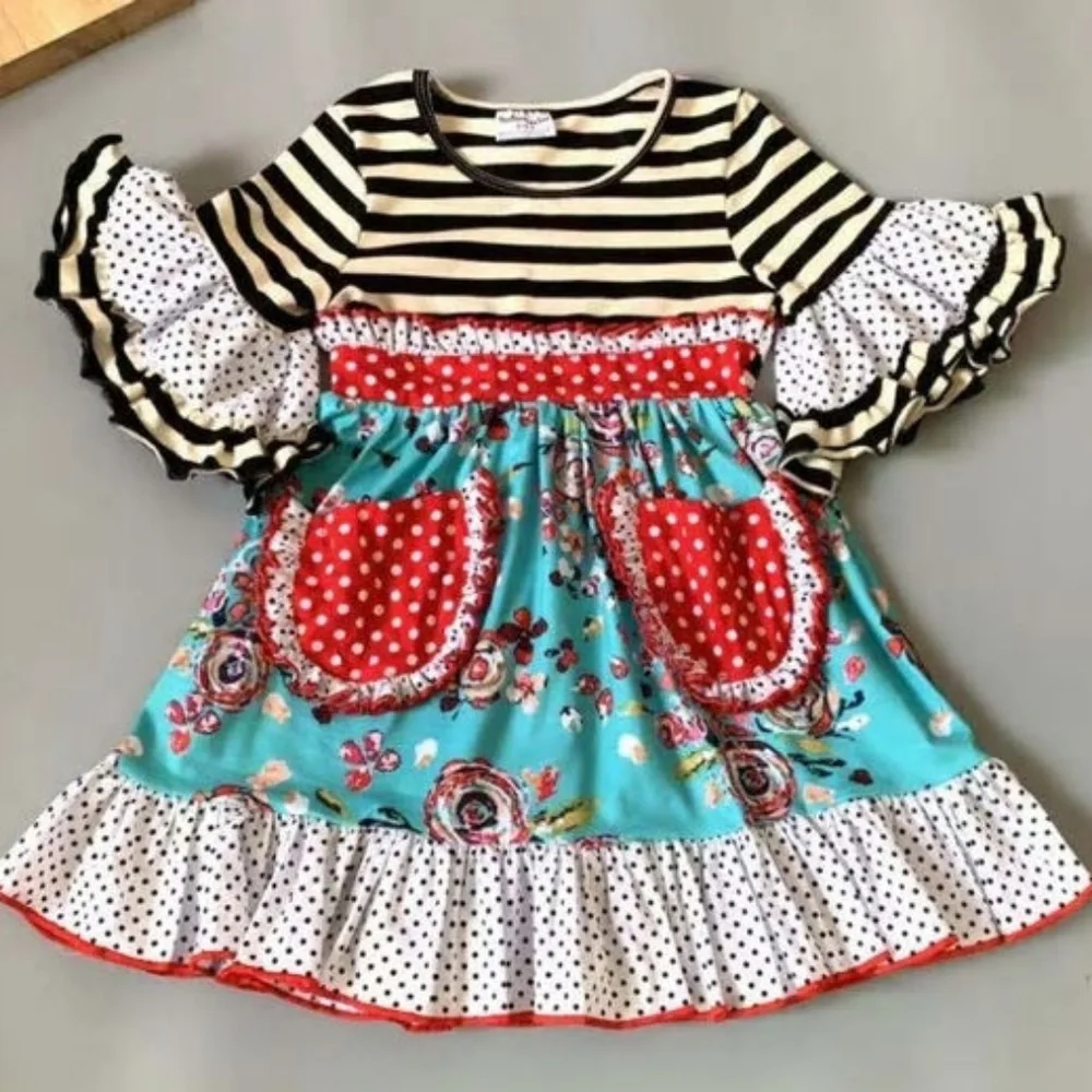Boutique Floral Striped Short Sleeve Ruffle Dress